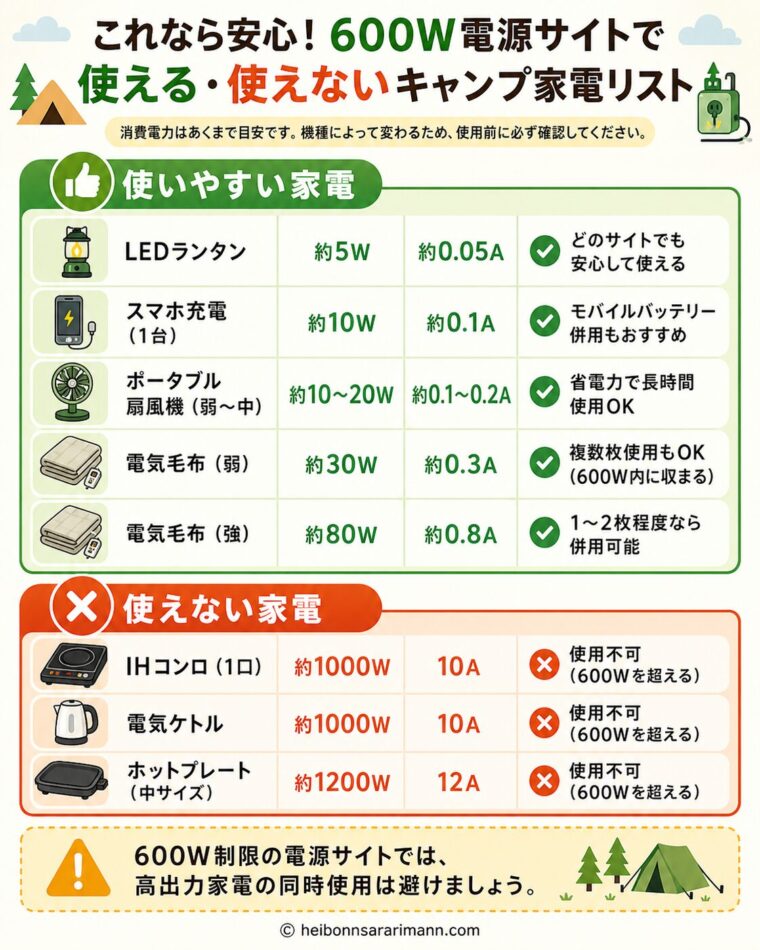 フォレストステーション波賀 東山オートキャンプ場の600W電源サイトで使える家電と使えない家電をまとめた画像