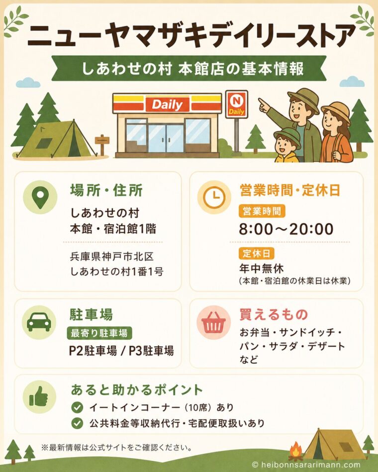 ニューヤマザキデイリーストアしあわせの村本館店の営業時間・場所・買えるものをまとめた画像