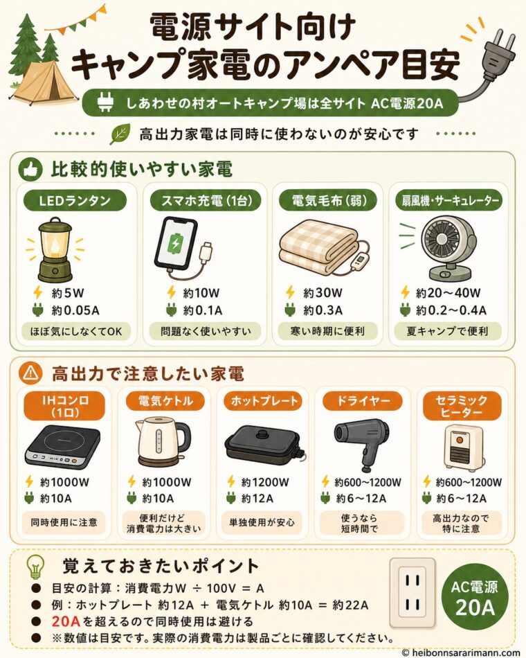 しあわせの村オートキャンプ場の電源サイトで使うキャンプ家電のアンペア目安
