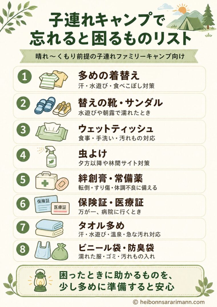 晴れ〜くもり前提の子連れファミリーキャンプで、忘れると困りやすい持ち物をまとめたチェックリスト画像。多めの着替え、替えの靴・サンダル、ウェットティッシュ、虫よけ、絆創膏・常備薬、保険証・医療証、タオル多め、ビニール袋・防臭袋の8項目を、やさしいグリーン系のデザインで見やすく整理している