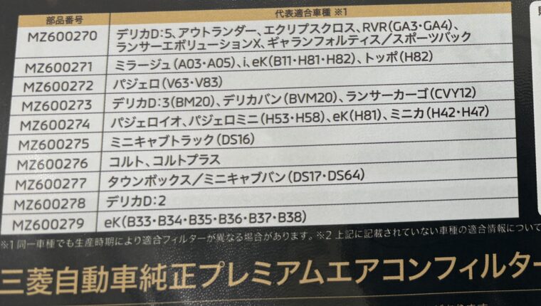 三菱純正プレミアムエアコンフィルターの部品番号表。