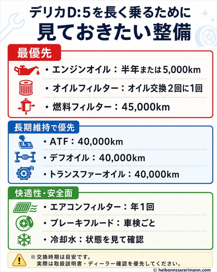 デリカD:5を長く乗るために見ておきたい整備項目を、エンジンオイル、燃料フィルター、ATF、デフオイル、トランスファーオイルなどに分けてまとめた画像