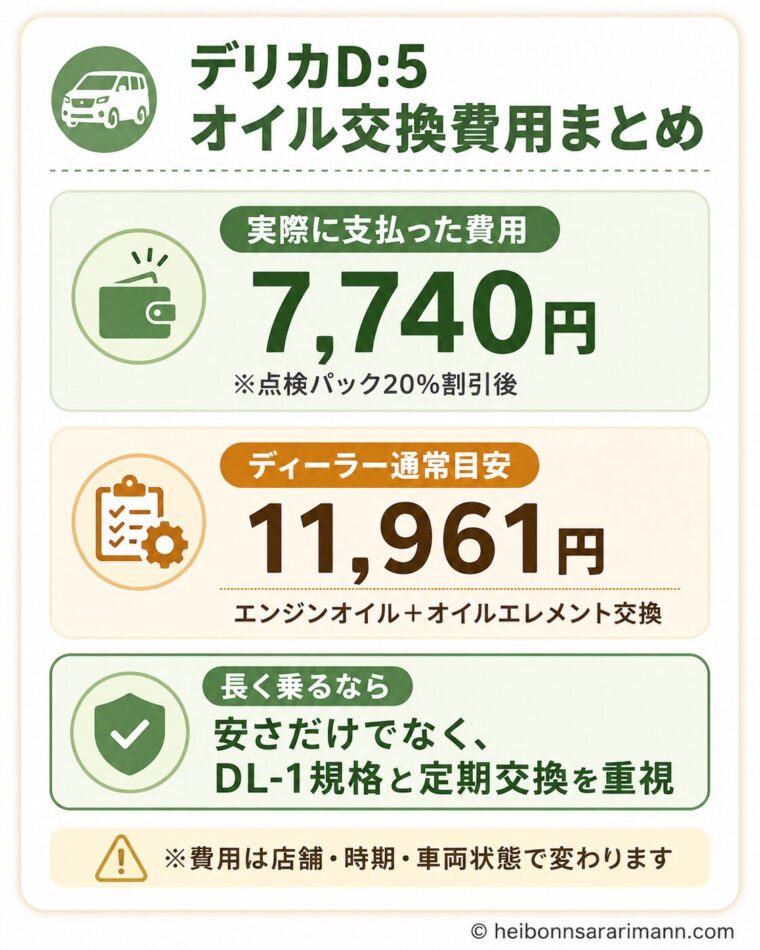 デリカD:5ディーゼルのオイル交換費用まとめ。実際の支払い額7,740円、ディーラー通常目安11,961円、DL-1規格と定期交換の考え方を整理した画像