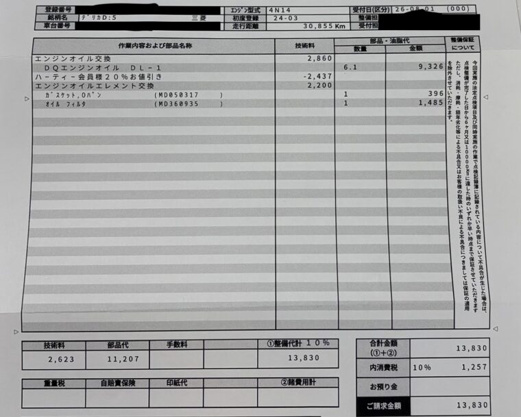 デリカD:5のエンジンオイル・オイルエレメント交換明細。オイル量6.1L、ハーティー会員20％割引後の請求額13,830円。