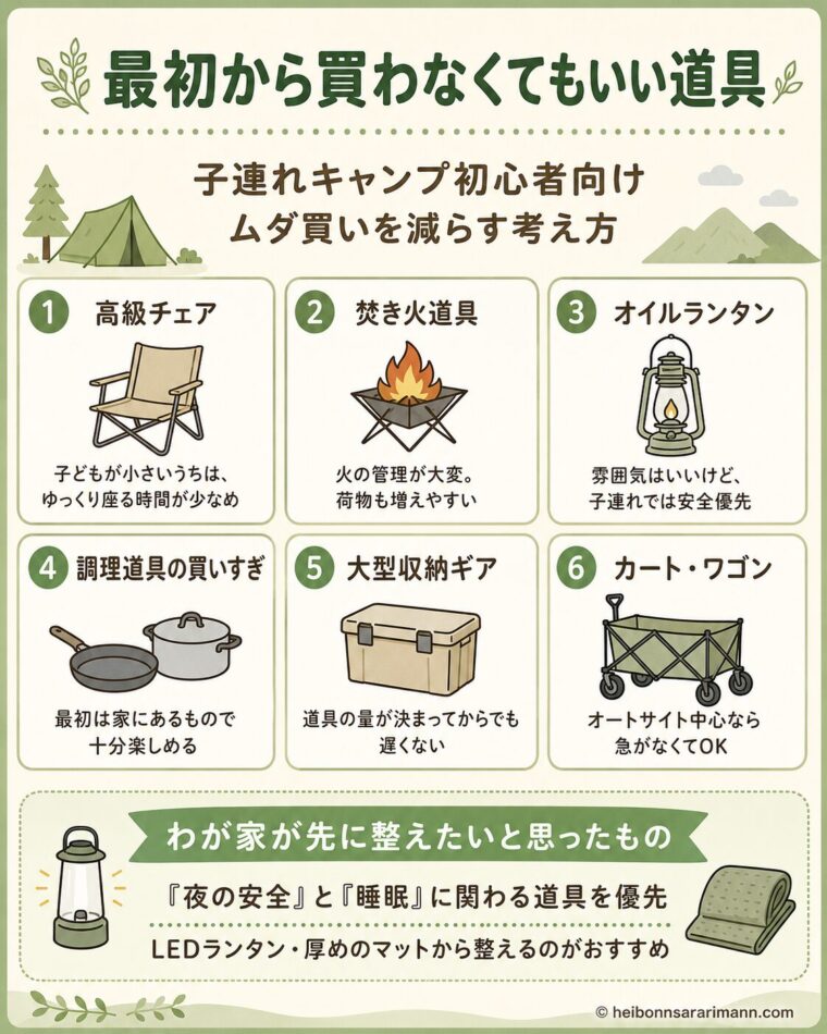 子連れキャンプ初心者が最初に買わなくてもいい道具を、高級チェア、焚き火道具、オイルランタン、調理道具、大型収納ギア、カート・ワゴンに分けて整理し、先に整えたい道具としてLEDランタンと厚めのマットを紹介した図