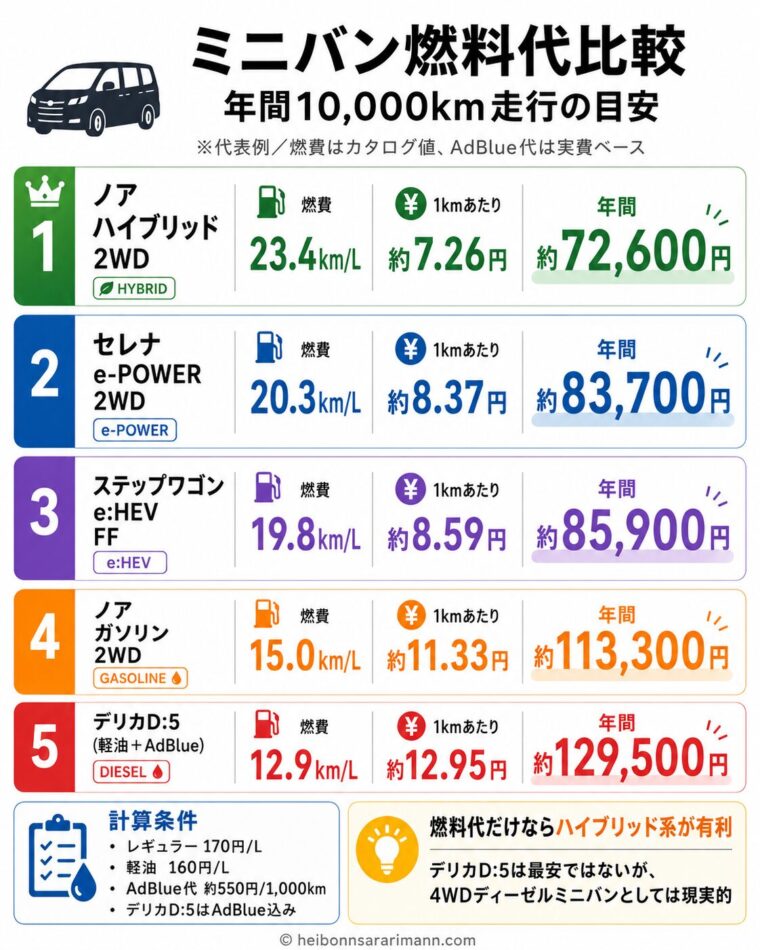 年間1万キロ走行時のミニバン燃料代比較。ノアハイブリッド2WDは約72,600円、セレナe-POWER 2WDは約83,700円、ステップワゴンe:HEV FFは約85,900円、ノアガソリン2WDは約113,300円、デリカD:5は軽油とAdBlue込みで約129,500円。
