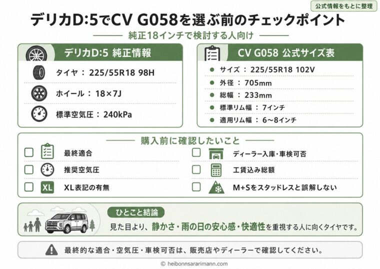 デリカD:5純正18インチでGEOLANDAR CV G058を検討する前に、純正サイズ、CV G058のサイズ表、推奨空気圧、XL表記、車検可否、M+Sの注意点を確認するための図