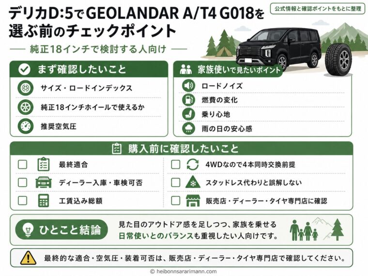 デリカD:5でGEOLANDAR A/T4 G018を選ぶ前に確認したいポイントを整理した図。純正18インチで検討する人向けに、サイズ・ロードインデックス、純正18インチホイールで使えるか、推奨空気圧、ロードノイズ、燃費、乗り心地、雨の日の安心感、4本同時交換、スタッドレス代わりにしないこと、販売店やディーラーで確認することをまとめている。