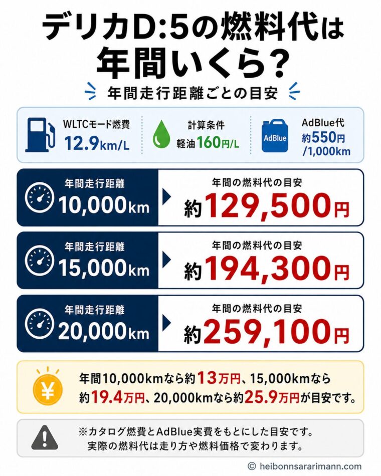デリカD:5の年間燃料代の目安。WLTCモード燃費12.9km/L、軽油160円/L、AdBlue代約550円/1,000kmで計算し、年間10,000kmは約129,500円、15,000kmは約194,300円、20,000kmは約259,100円。