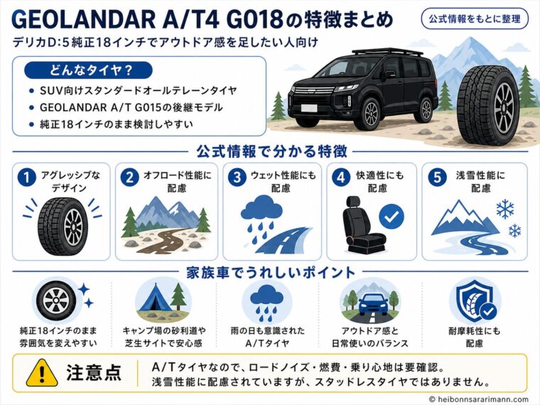 GEOLANDAR A/T4 G018の特徴を、デリカD:5純正18インチで検討する人向けに整理した図。どんなタイヤか、公式情報で分かる特徴、家族車でうれしいポイント、ロードノイズや燃費、雪道での注意点をまとめている。
